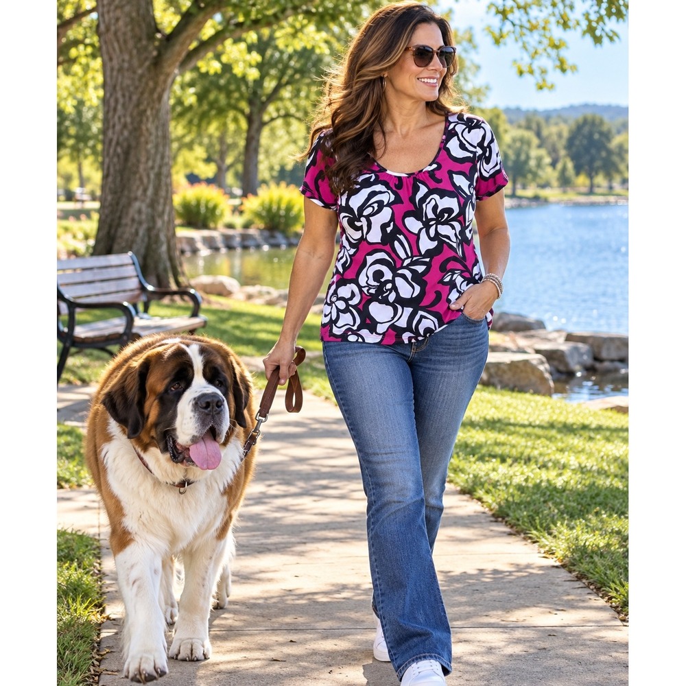 Covington Large Hot Pink Black White Floral Stretch Scoop Neck Short Sleeve Top